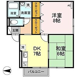 フレッシュ東長戸 2階2DKの間取り