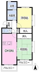 リバーサイド東石井 2DKの間取図画像