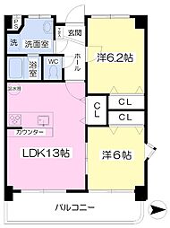 伊予鉄道市駅線 警察署前駅 徒歩3分の賃貸マンション 3階2LDKの間取り