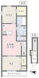 ＥＡＲＬ’Ｓ　ＣＯＵＲＴ西垣生 2階2LDKの間取り
