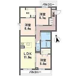 伊予鉄道郡中線 土居田駅 徒歩15分の賃貸マンション 3階3LDKの間取り