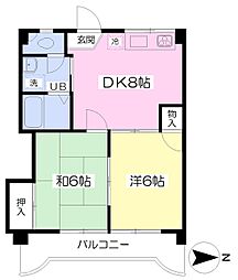 伊予鉄道環状線(JR松山駅経由) 本町六丁目駅 徒歩12分の賃貸マンション 2階2DKの間取り