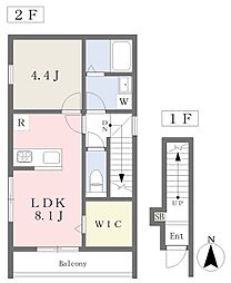 伊予鉄道郡中線 郡中駅 徒歩4分の賃貸アパート 2階1LDKの間取り