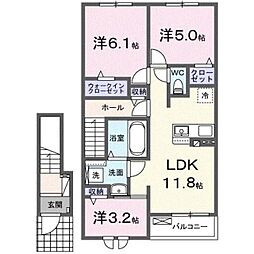 JR鹿児島本線 西熊本駅 徒歩25分の賃貸アパート 2階3LDKの間取り