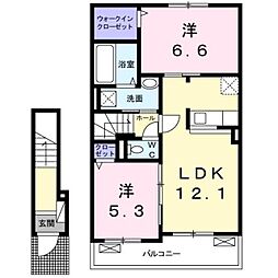JR豊肥本線 肥後大津駅 徒歩14分の賃貸アパート 2階2LDKの間取り
