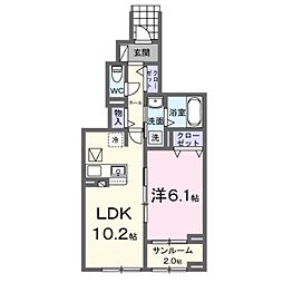 熊本市電A系統 田崎橋駅 徒歩30分の賃貸アパート 1階1LDKの間取り