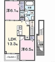 JR鹿児島本線 植木駅 徒歩35分の賃貸アパート 2階2LDKの間取り