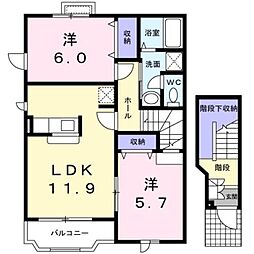 熊本電気鉄道 北熊本駅 バス7分 飛田一丁目下車 徒歩6分の賃貸アパート 2階2LDKの間取り