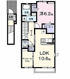 熊本電気鉄道 三ツ石駅 徒歩16分の賃貸アパート 2階1LDKの間取り
