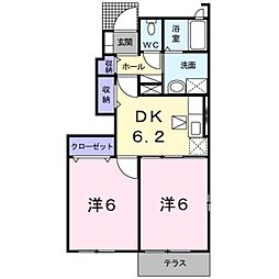 JR鹿児島本線 植木駅 徒歩25分の賃貸アパート 1階2DKの間取り