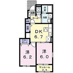 サンライフ上峰III 1階2DKの間取り