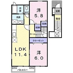 サニーリブＢ棟 2階2LDKの間取り