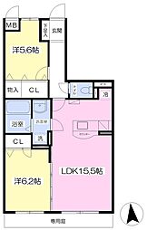 エスポワール弐番館 2LDKの間取図画像