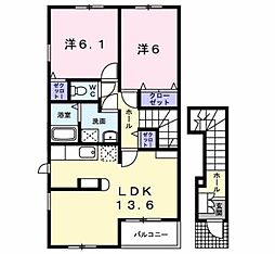 サンレミ葛原E 2LDKの間取図画像
