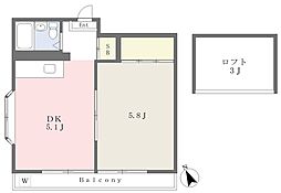 ヒューチャーハイム滝山 2階1DKの間取り