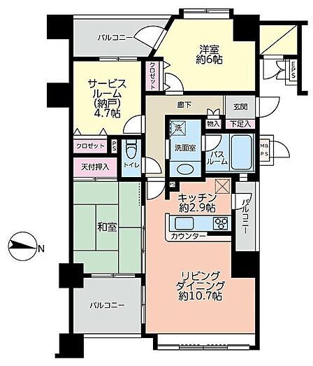 LDK:13.6帖、和室:6帖、主寝室:6帖、洋室:6帖、サービスルーム:4.7帖。リビングと続き間の和室でお子様の様子を見ながらリビングでゆっくり寛げます。