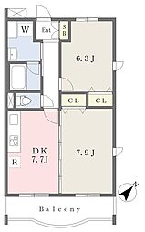 パインフィールド3ｒｄ 2階2DKの間取り
