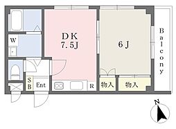 谷古宇マンション 2階1DKの間取り