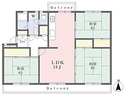 港南台ひばり団地16号棟 3LDKの間取図画像