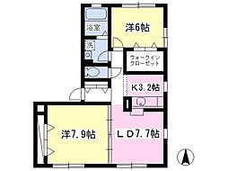 コリーナベルデＡ 1階2LDKの間取り