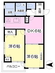 ラフィーネ国立 2DKの間取図画像