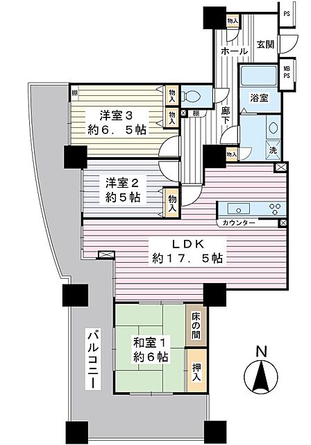 約17.5帖のLDKと全居室に収納を備えた3LDK。南・西角部屋につき日当たりも良好です。