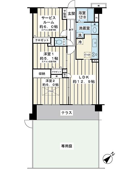 専有面積65.66m2の2SLDK角部屋。テラスと専用庭が付いた、階下への音を気にせず暮らせる1階住戸。