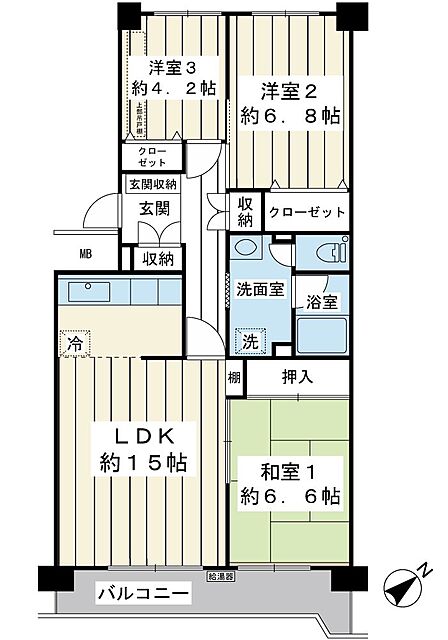 南東向きの明るいLDKは約15帖。全居室に収納を備えた、専有面積76.34m2の機能的な3LDKです。