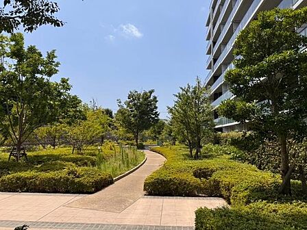緑鮮やかな高木や低木が美しく配された中庭空間。季節ごとに異なる表情を見せ、毎日の通勤・通学や日常のお散歩に潤いと癒しをもたらします。