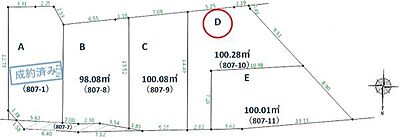 区画図：本物件は区画図、D区画となります◎商業施設多数で生活に便利な住環境◎小・中学校まで徒歩11分圏内で通学も安心◎建築条件ございません。お好きなハウスメーカー・工務店で建築いただけます◎