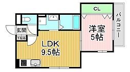 Parks長岡京 2階1LDKの間取り
