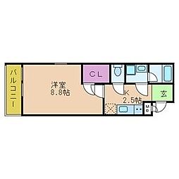 グランピア鳳 2階1Kの間取り