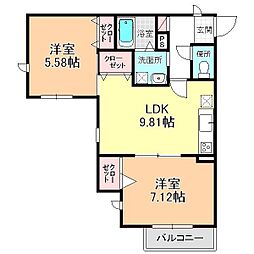 クラヴィエ稲丘 2LDKの間取図画像