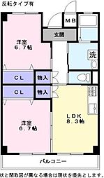 シャイニング壱番館 3階2LDKの間取り