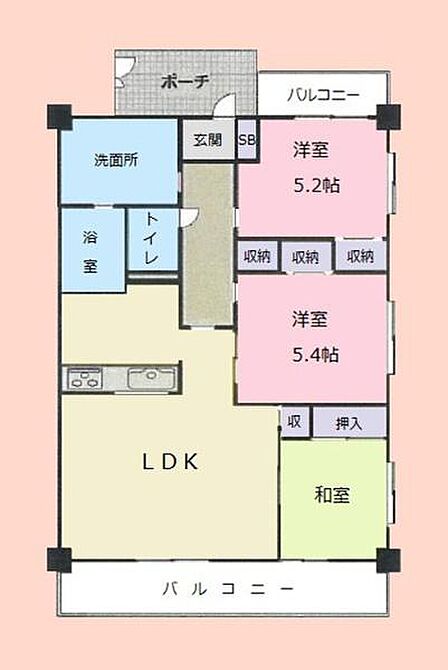 LDKが広く各部屋が効率よく配置されています。収納が複数設けられているので整理がしやすいです。和室がありさまざまな使い方に対応できます。バルコニーが2カ所あり出入りも便利です。
