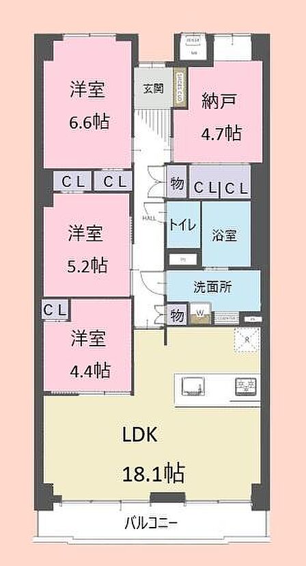 3つの洋室に加えて広さのあるLDKが特徴的です。各部屋にはクローゼットが備わっており収納スペースも充実しています。納戸も設けられており使い勝手の良い間取りです。