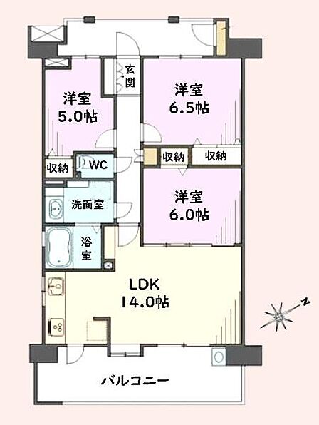 各部屋がしっかりと分かれており使い勝手の良い間取りです。LDKが14帖と広めで生活スペースに余裕があります。収納スペースが複数あり整理整頓しやすい設計です。浴室と洗面室が分かれていて便利です。