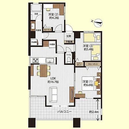 LDKは約16.7帖の広さがあり開放感のある空間です。各居室にクローゼットが設けられており収納も充実しています。バルコニーもゆったりとしたサイズで多目的に利用できます。