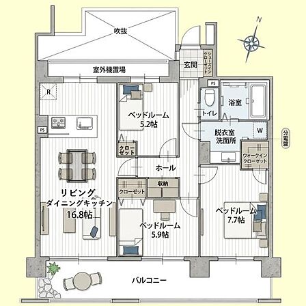 3つのベッドルームが備わった機能的な間取りです。リビングダイニングキッチンは広々とした設計でバルコニーにも面しています。浴室脱衣室・洗面所もゆとりのある配置となっています。