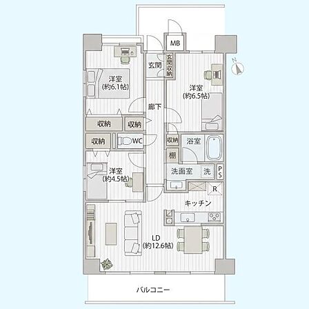 各部屋に収納スペースが備えられ使いやすさに配慮された間取りです。リビングとダイニングもひとつながりで広々としています。バルコニーに面したリビング部分が室内を明るくしています。
