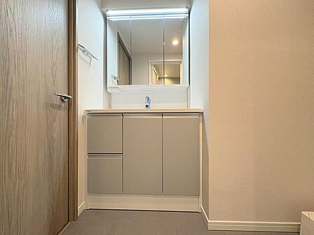 洗面まわりに馴染む上品なカラーの洗面化粧台。三面鏡裏の収納や足元の引き出し・扉収納を備え、散らかりがちな小物類を整理できます明るい照明付きで身支度もスムーズに行えます