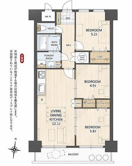 ■間取図■3LDK、価格2、390万円、専有面積64.40平米。LDK約12.1帖に加え、洋室3部屋すべてに収納を備えた暮らしやすい間取りです。