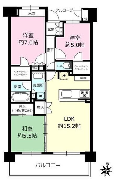 約15.2帖の開放的なLDKを中心に、3部屋すべてに収納を備えた使い勝手の良い3LDK。2つのウォークインクローゼットや和室もあり、子育て世帯からご夫婦まで快適に暮らせるゆとりの住まいです。