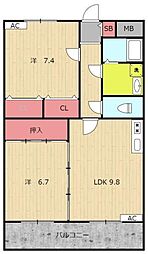 リージングマンション　B棟 2階2LDKの間取り