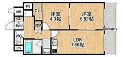 大橋マンション五番館 2DKの間取図画像
