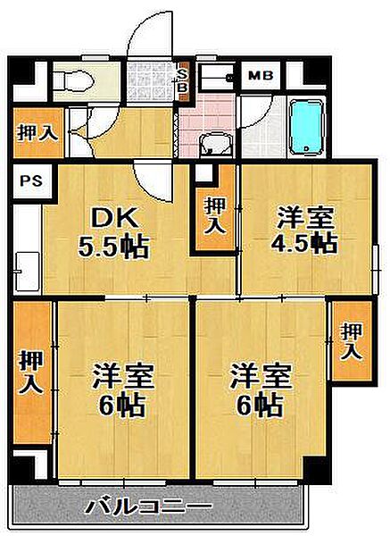 グリーンパークハイツ 805｜大阪府大阪市大正区平尾５丁目(賃貸マンション3DK・8階・65.00㎡)の写真 その2