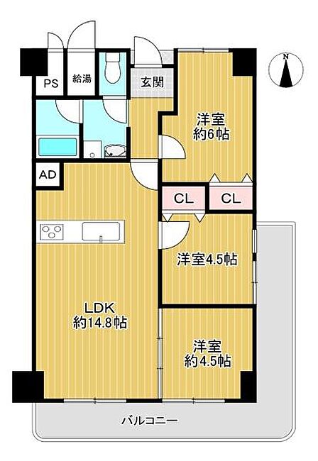 【間取り】角部屋・南向きバルコニー・3LDK