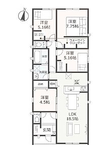 間取り：4LDK、平屋建て！広々とした18.5帖のリビング！