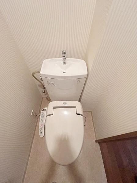 清潔感のあるトイレ空間です。温水洗浄便座が備わっており使い勝手が良好です。壁紙と床色が調和し落ち着いた雰囲気で、段差があるため動線にもアクセントがあります。