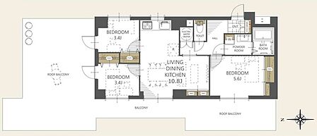 全てのお部屋がルーフバルコニーに面している間取りです。